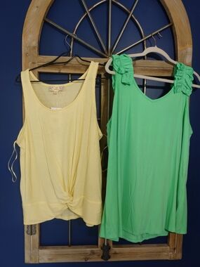 Yellow Knot-Front Tank Top & Green Ruffle Shoulder Tank